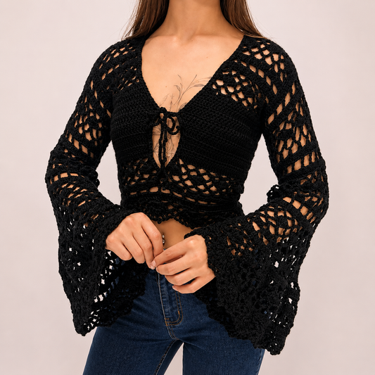 Dark Romance - Boho Lace Hollow-Out Tie-Front Crochet Cardigan