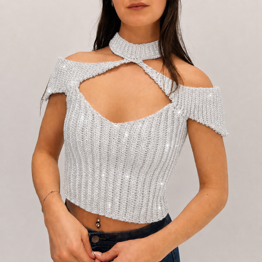 Confidence - Crochet Off-Shoulder Mock Neck Cutout Top