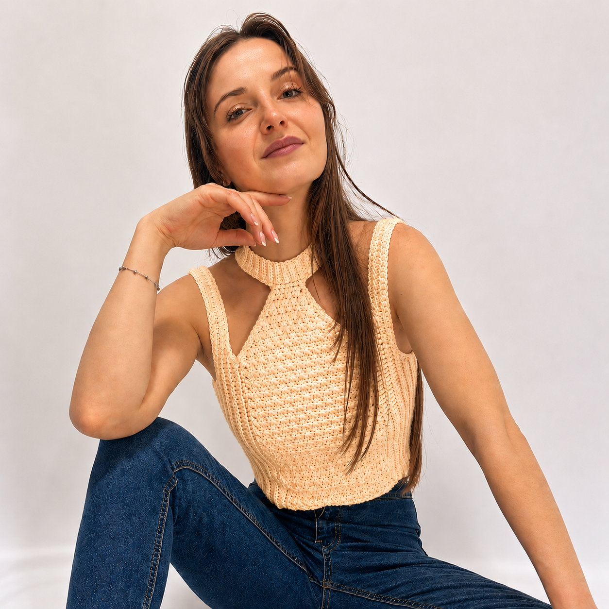 Modern Touch - Crochet Mock Neck Cutout Top