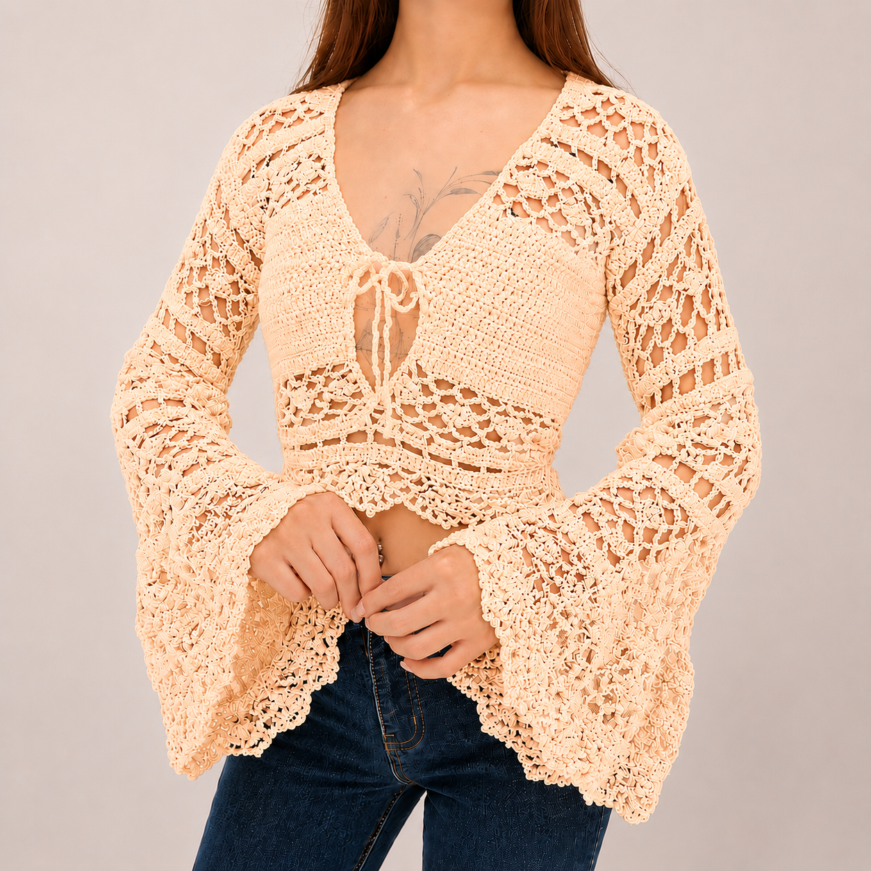 Dark Romance - Boho Lace Hollow-Out Tie-Front Crochet Cardigan