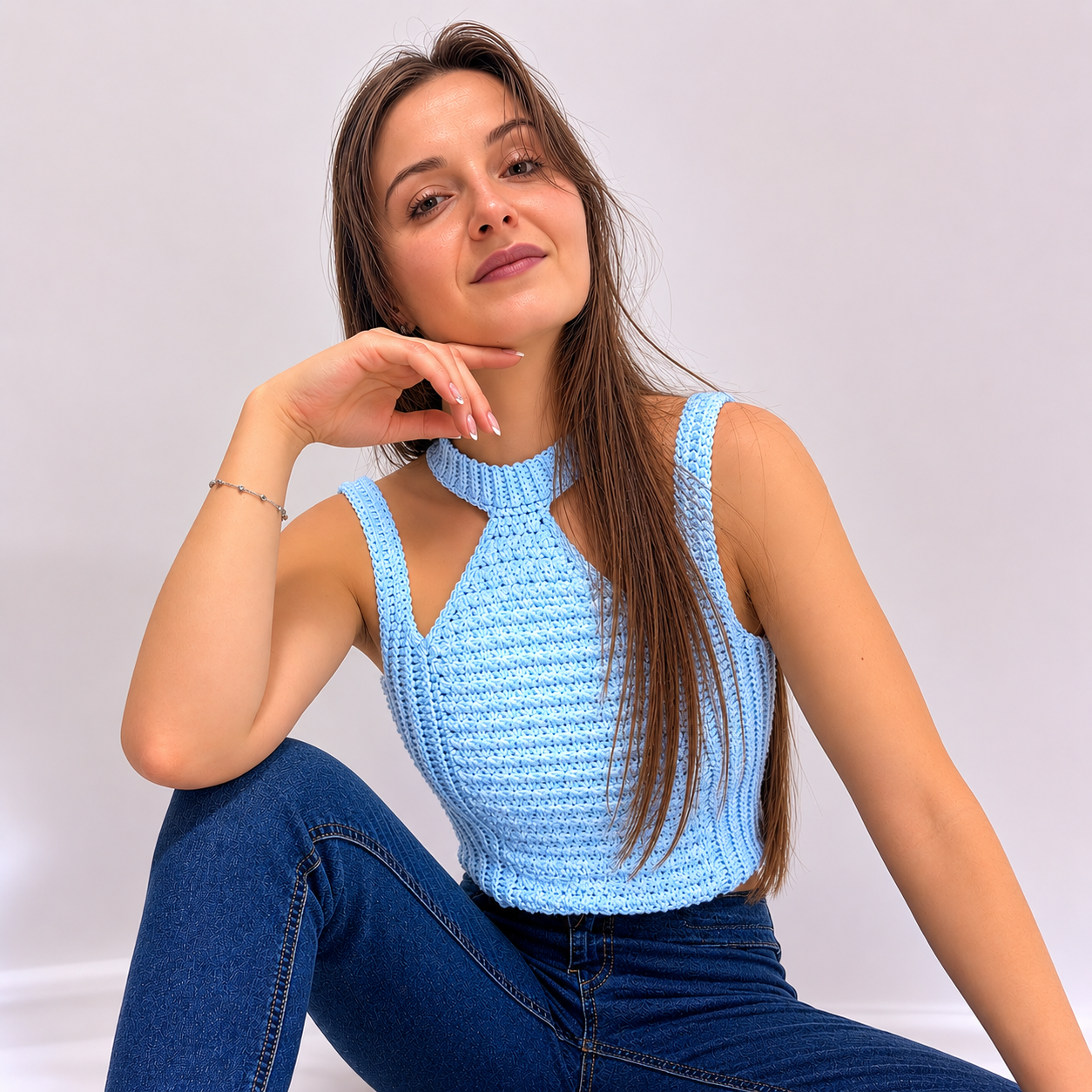 Modern Touch - Crochet Mock Neck Cutout Top