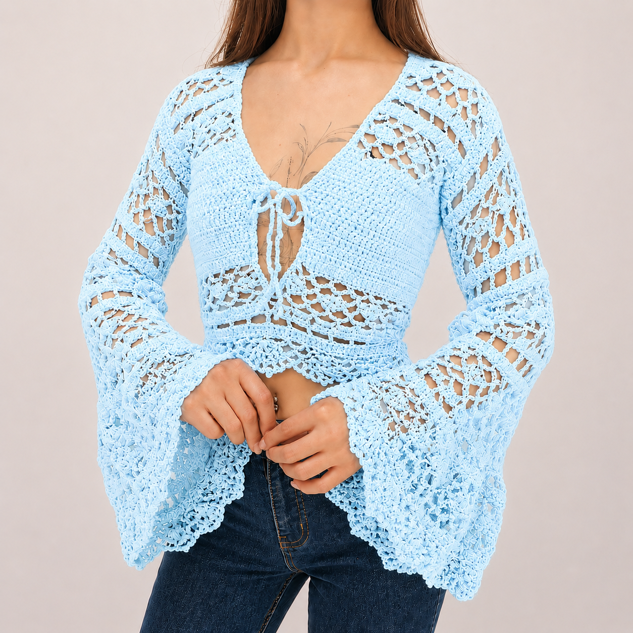 Dark Romance - Boho Lace Hollow-Out Tie-Front Crochet Cardigan