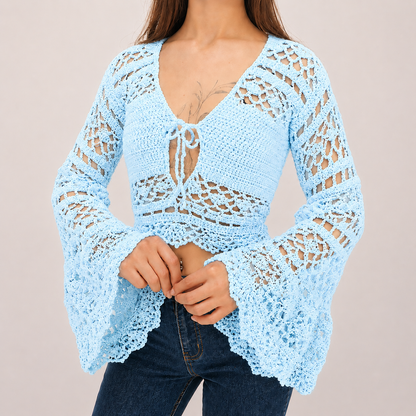 Dark Romance - Boho Lace Hollow-Out Tie-Front Crochet Cardigan