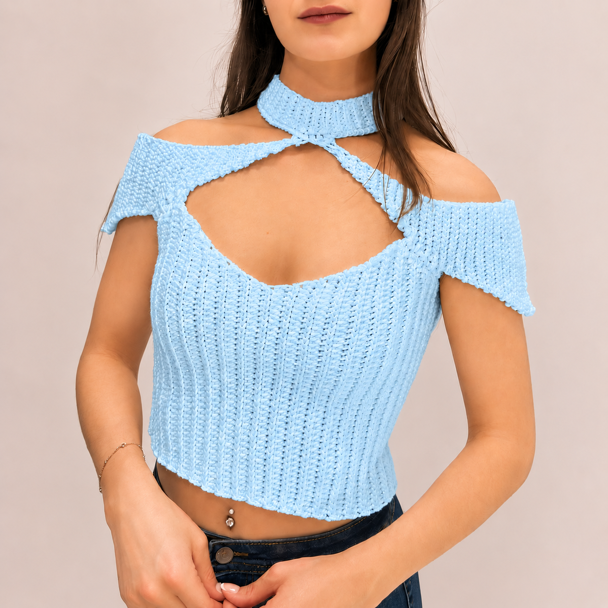 Confidence - Crochet Off-Shoulder Mock Neck Cutout Top