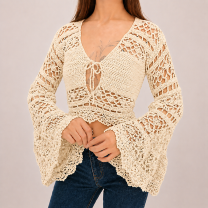 Dark Romance - Boho Lace Hollow-Out Tie-Front Crochet Cardigan