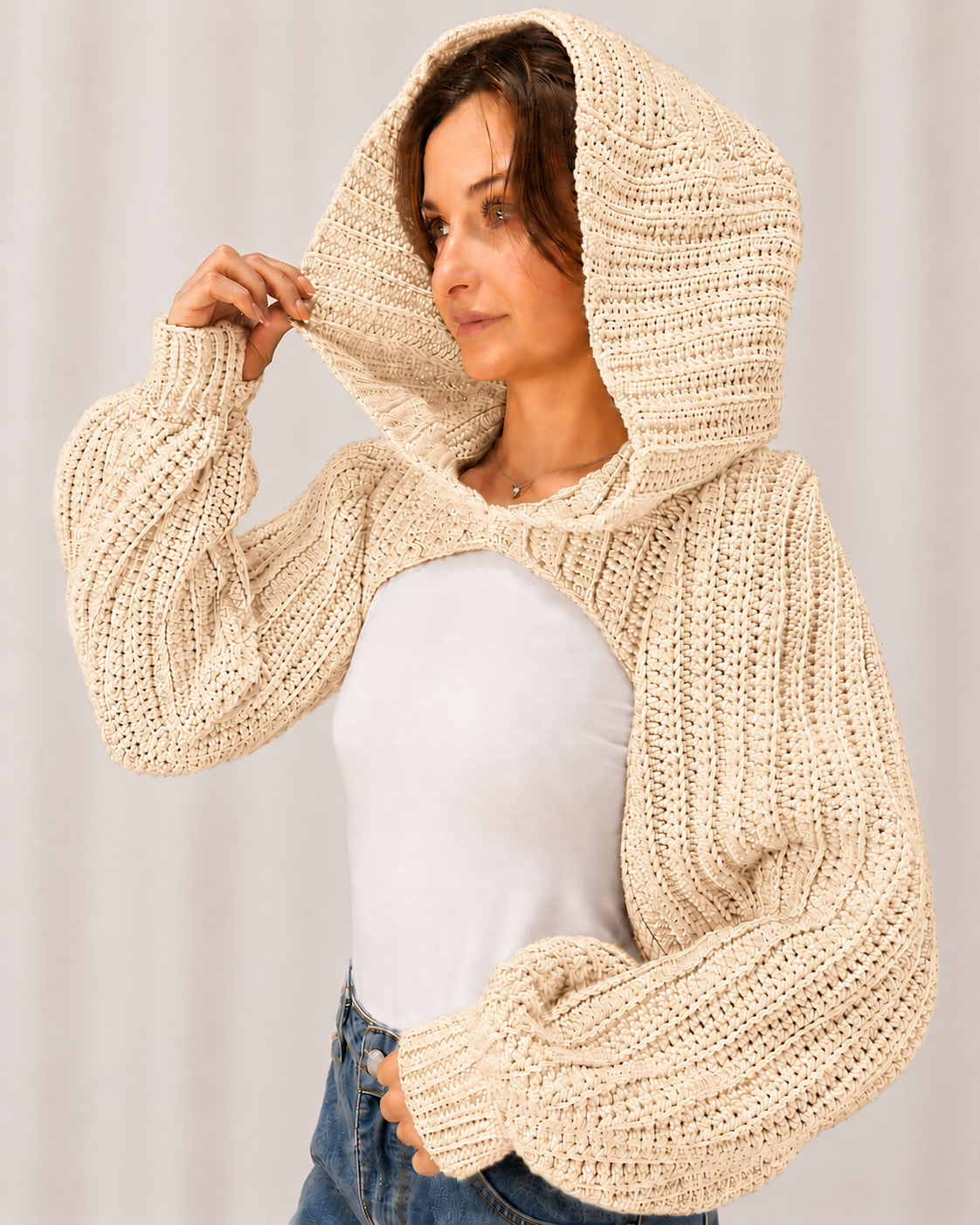 Breezy - Crochet Hoodie Shrug with Balloon Sleeves