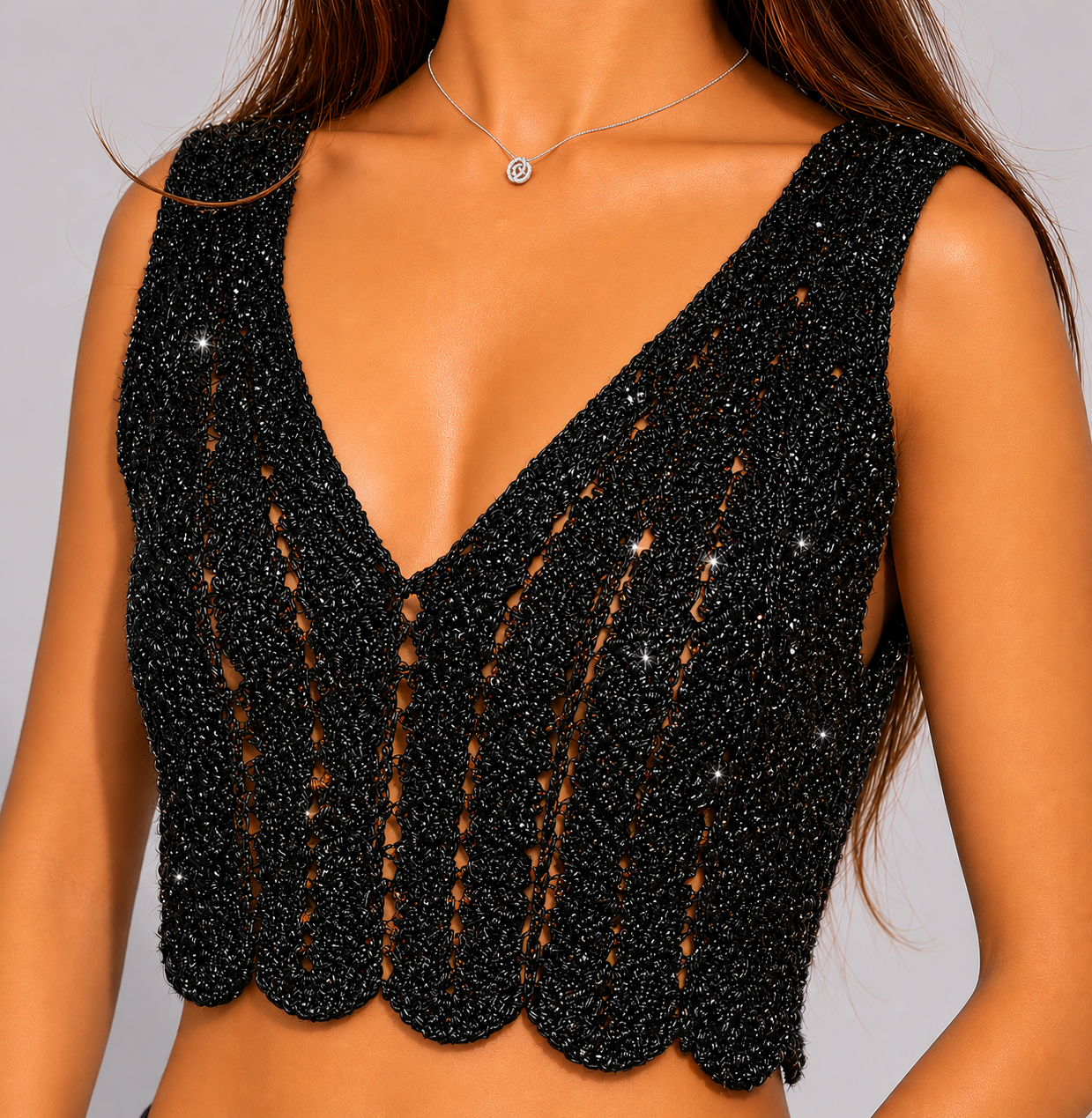 Midnight Edit - Sleeveless V-Neck Crochet Crop Top