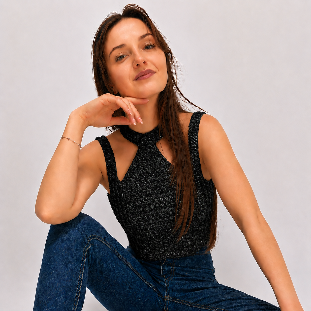 Modern Touch - Crochet Mock Neck Cutout Top