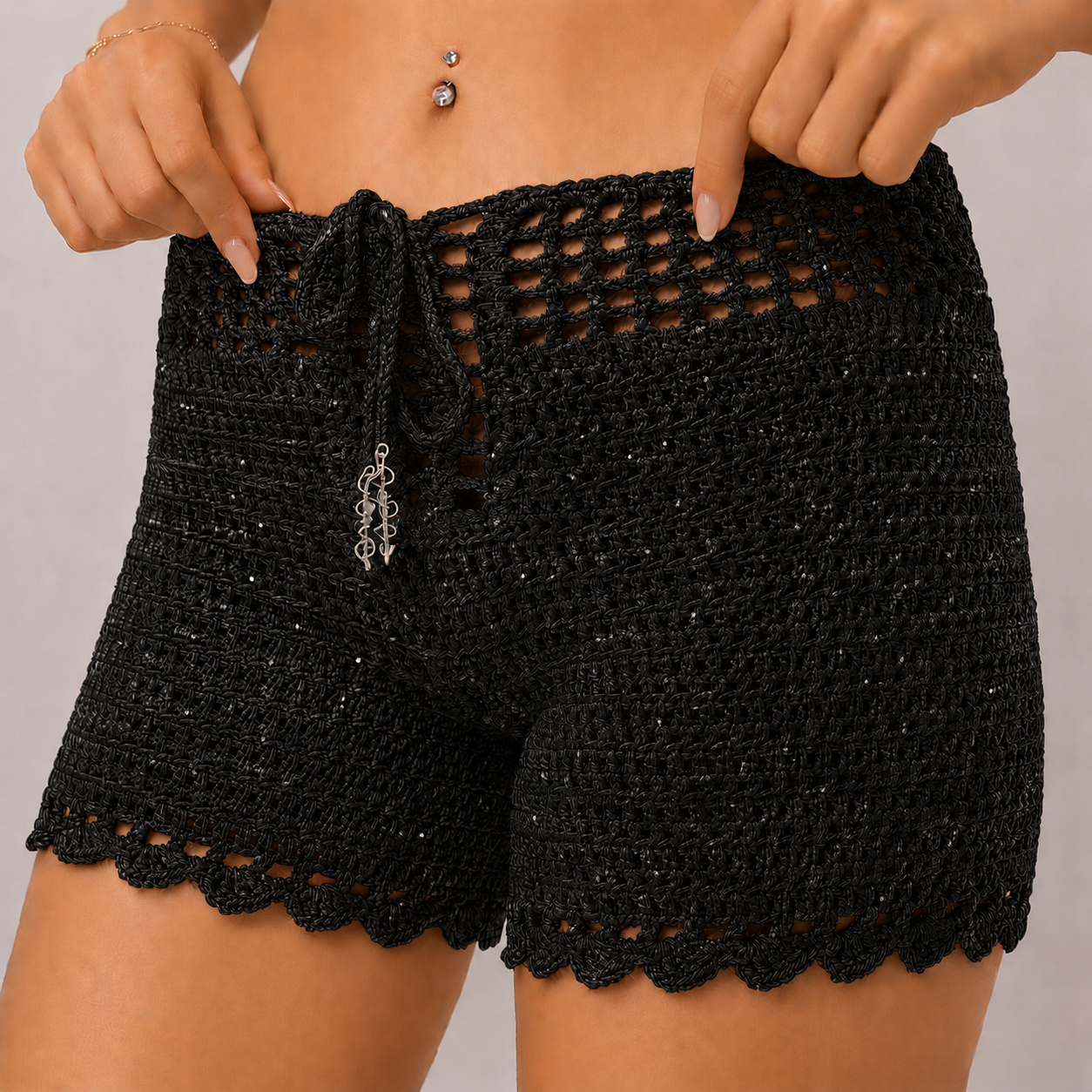 Cloud Nine - High-Waisted Crochet Shorts with Drawstring & Scalloped Hem