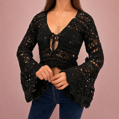 Dark Romance - Boho Lace Hollow-Out Tie-Front Crochet Cardigan