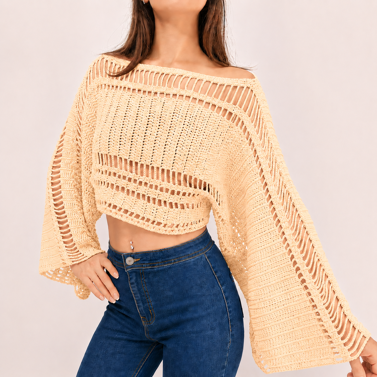 Effortlessly - Boho Crochet Bell Sleeve Crop Top