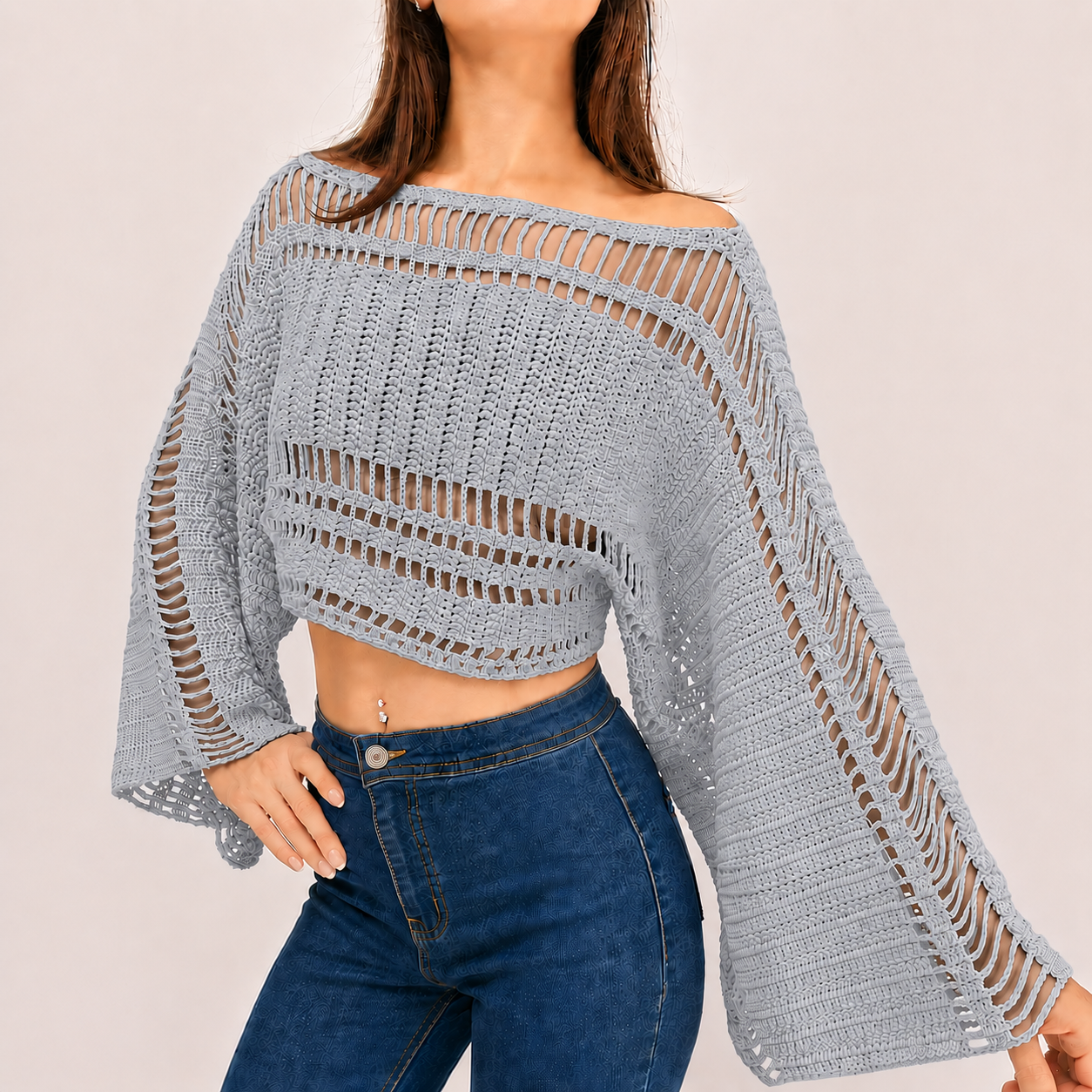 Effortlessly - Boho Crochet Bell Sleeve Crop Top