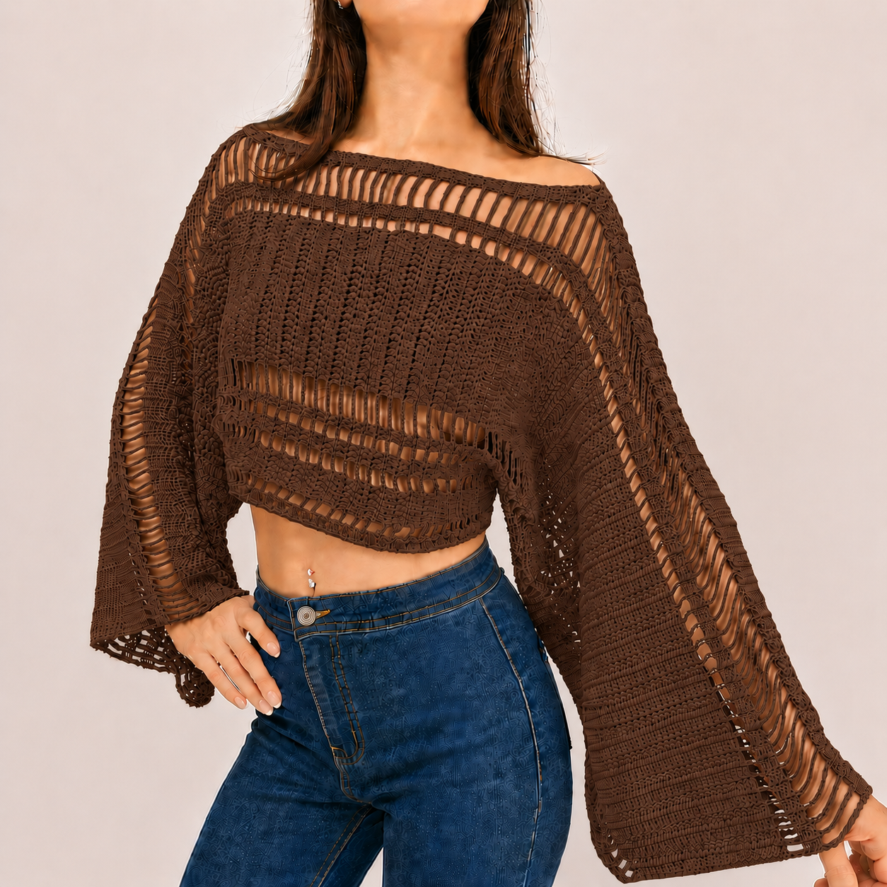 Effortlessly - Boho Crochet Bell Sleeve Crop Top