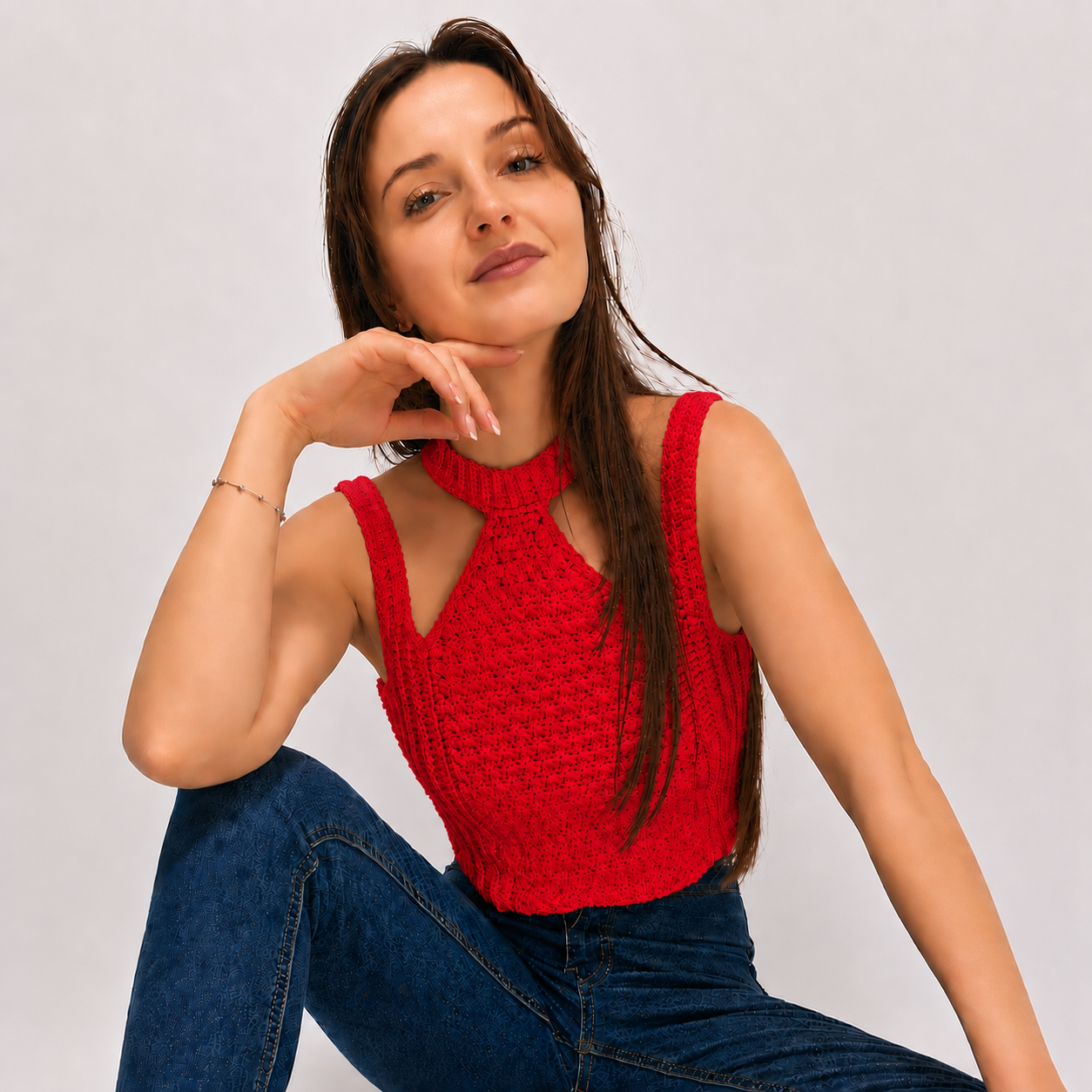 Modern Touch - Crochet Mock Neck Cutout Top