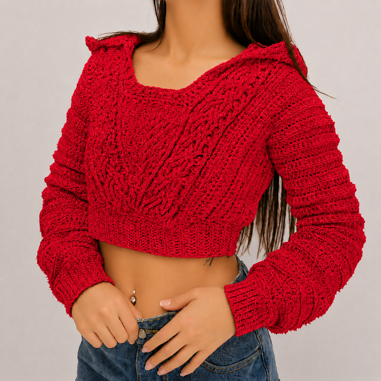Cozy - Crochet Cable Knit Cropped Hoodie