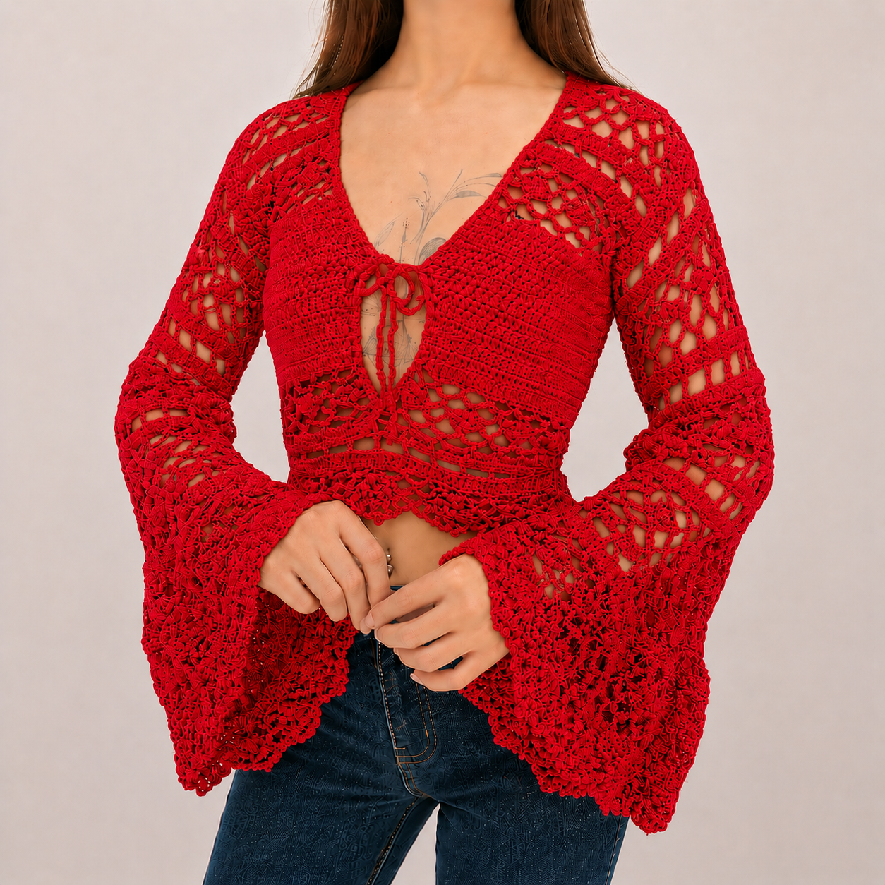 Dark Romance - Boho Lace Hollow-Out Tie-Front Crochet Cardigan