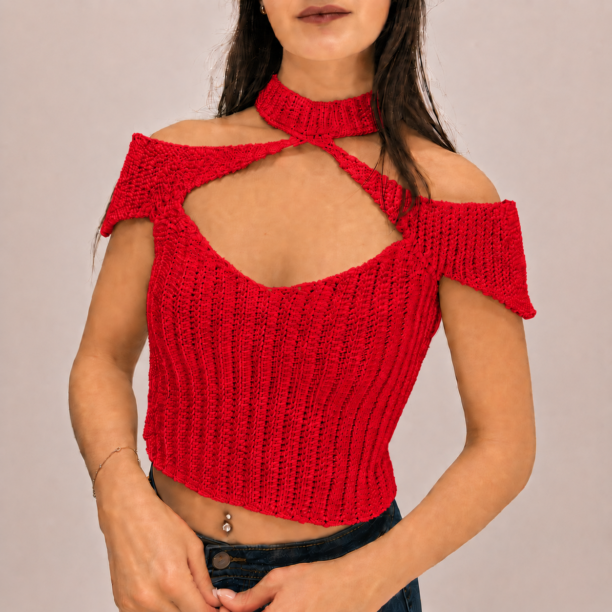 Confidence - Crochet Off-Shoulder Mock Neck Cutout Top