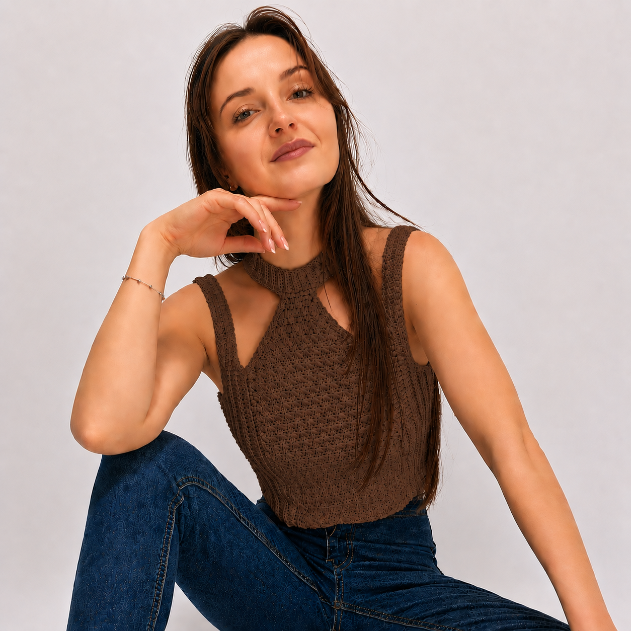Modern Touch - Crochet Mock Neck Cutout Top