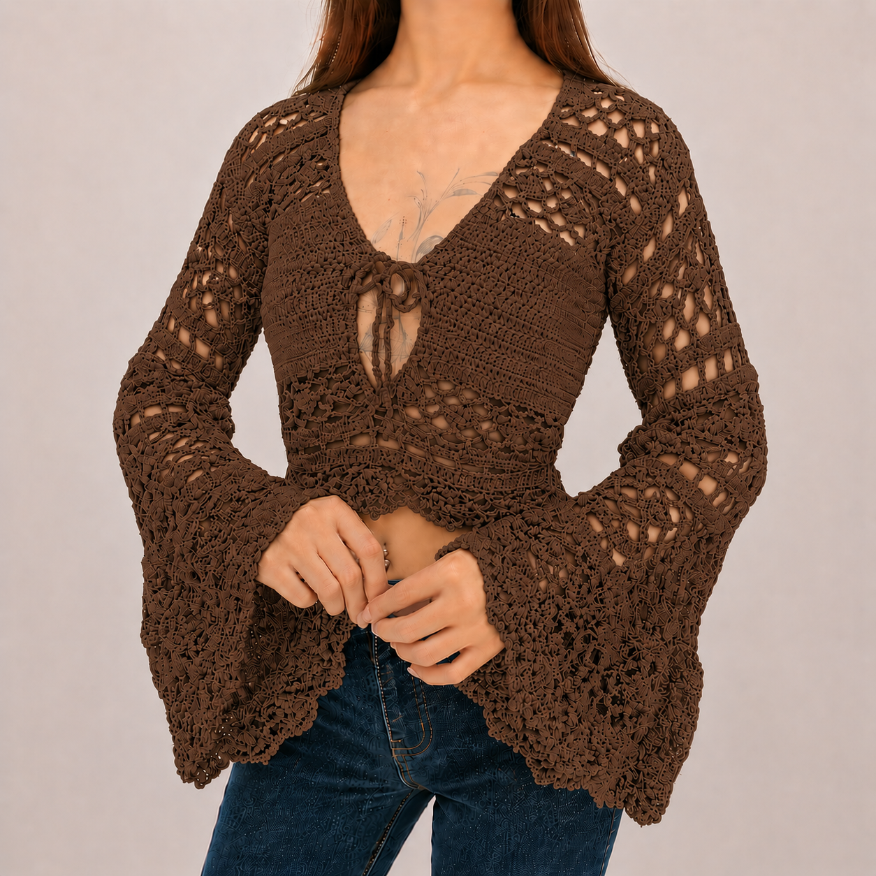 Dark Romance - Boho Lace Hollow-Out Tie-Front Crochet Cardigan