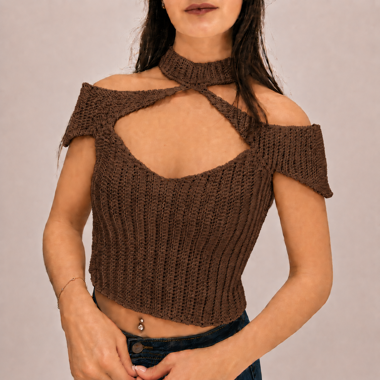 Confidence - Crochet Off-Shoulder Mock Neck Cutout Top