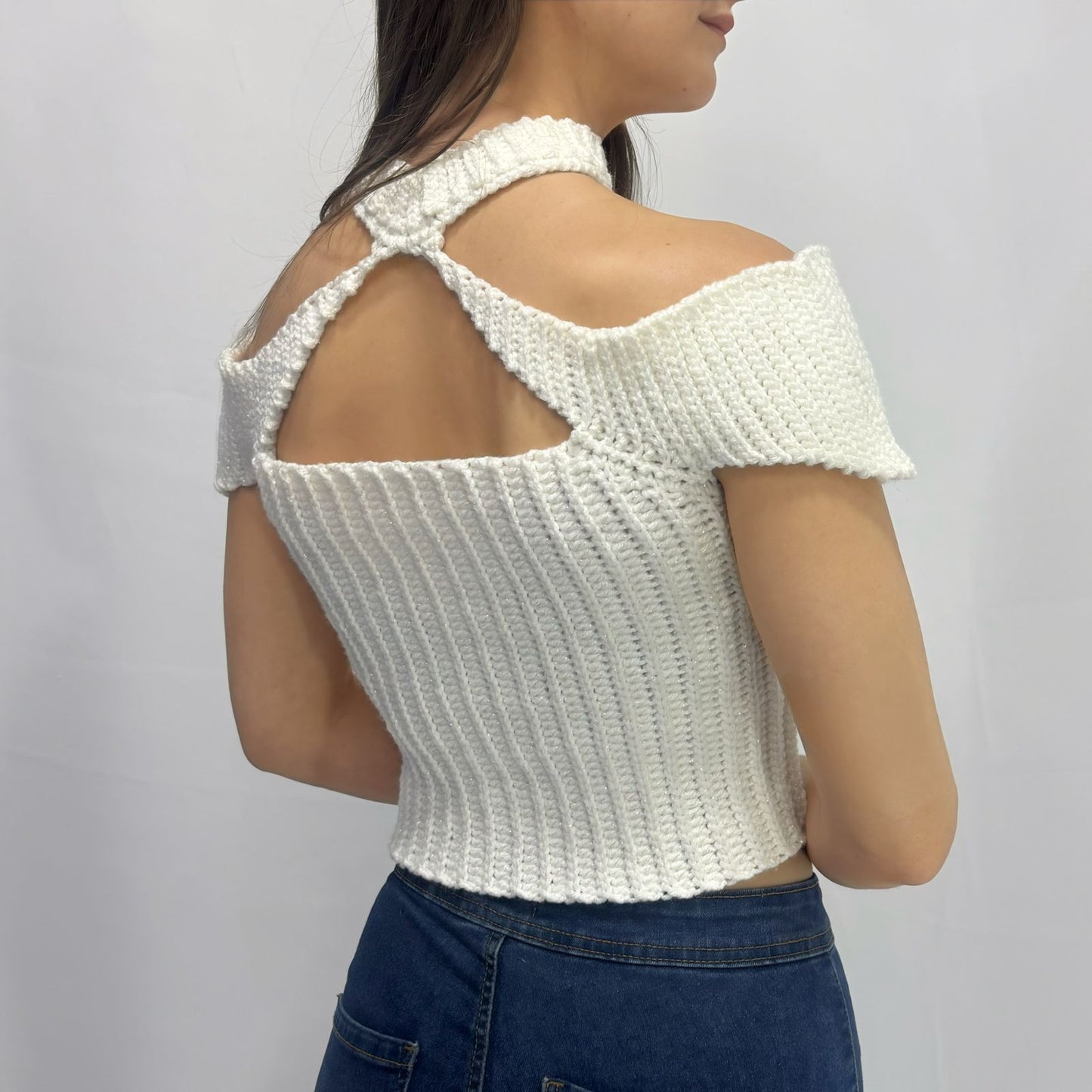 Confidence - Crochet Off-Shoulder Mock Neck Cutout Top