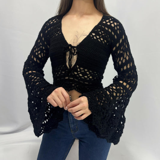 Dark Romance - Boho Lace Hollow-Out Tie-Front Crochet Cardigan