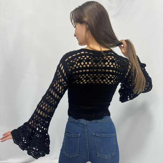 Dark Romance - Boho Lace Hollow-Out Tie-Front Crochet Cardigan