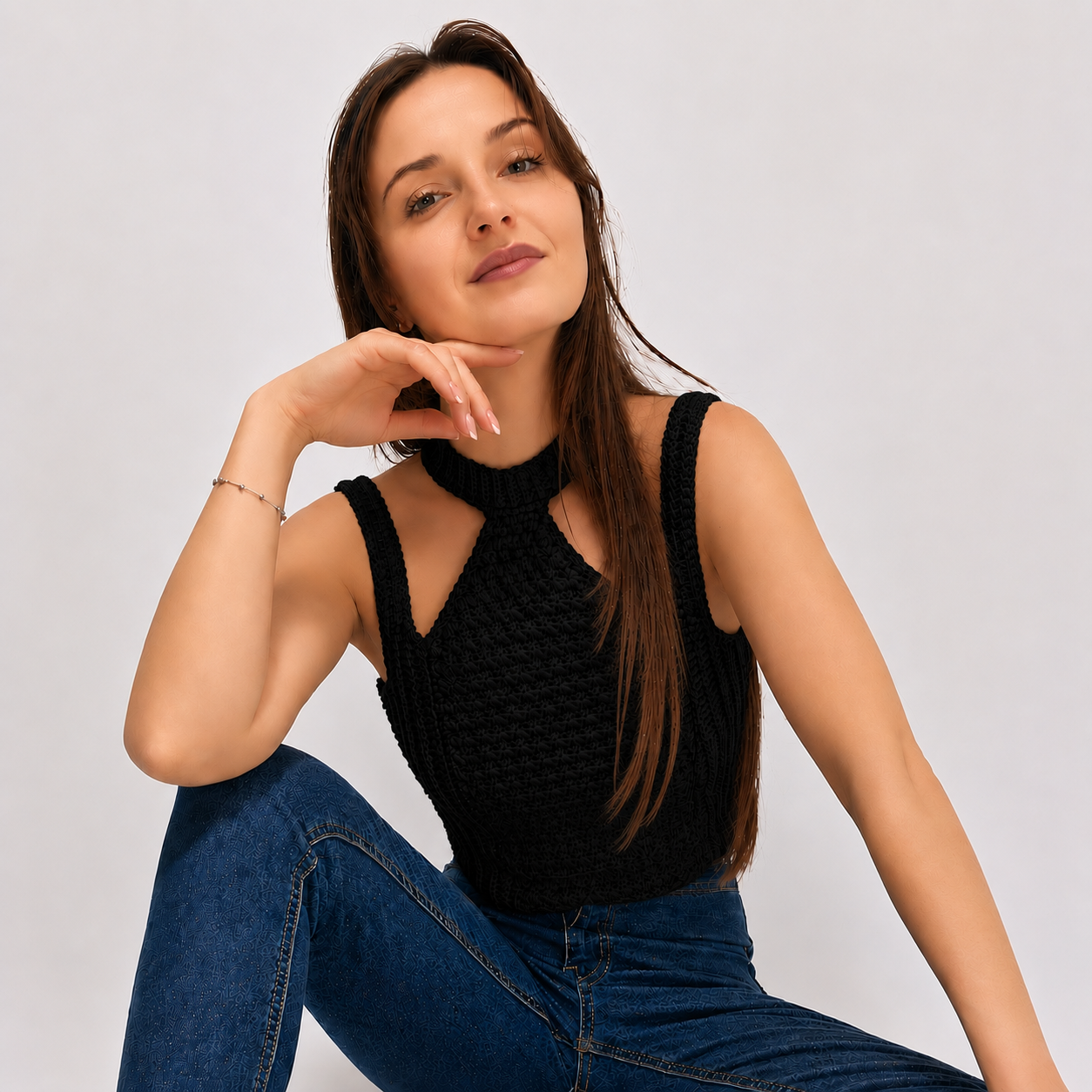 Modern Touch - Crochet Mock Neck Cutout Top