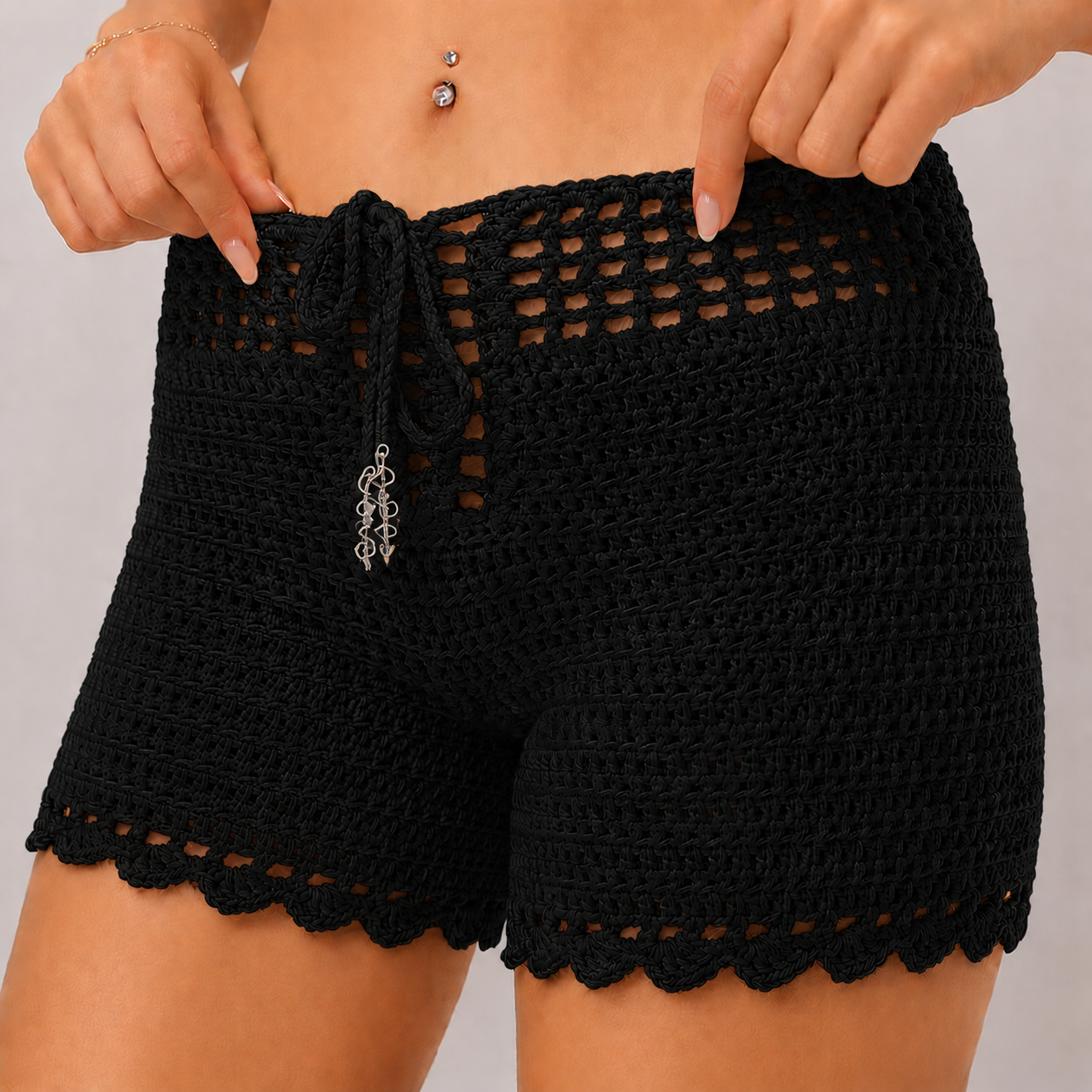 Cloud Nine - High-Waisted Crochet Shorts with Drawstring & Scalloped Hem