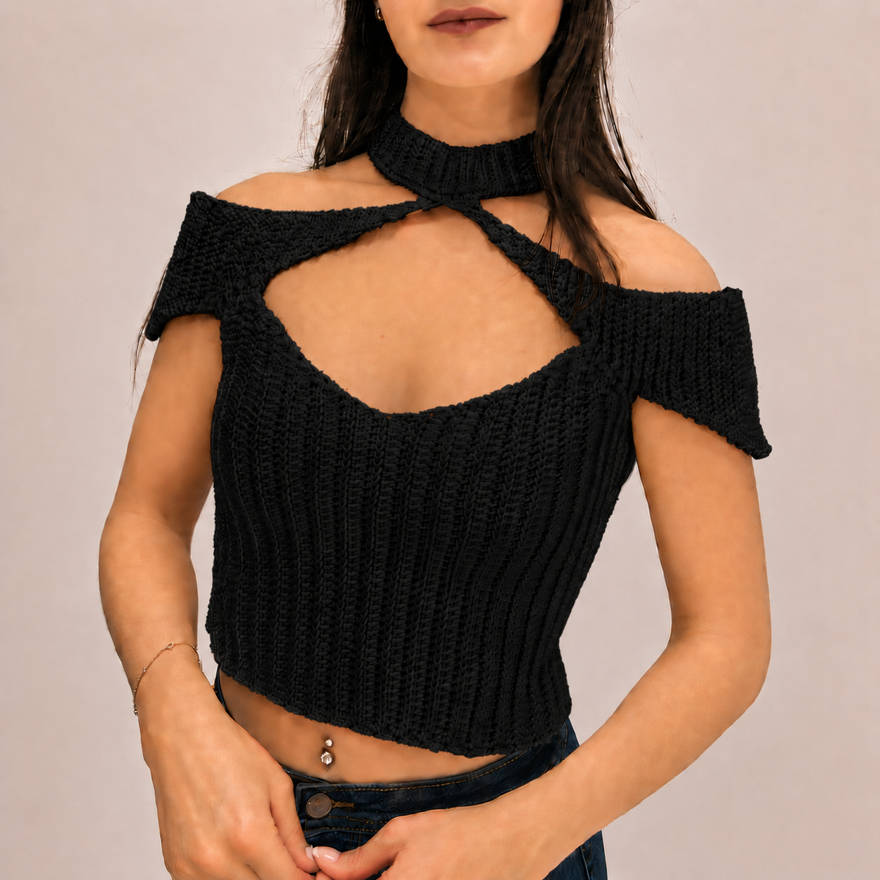 Confidence - Crochet Off-Shoulder Mock Neck Cutout Top
