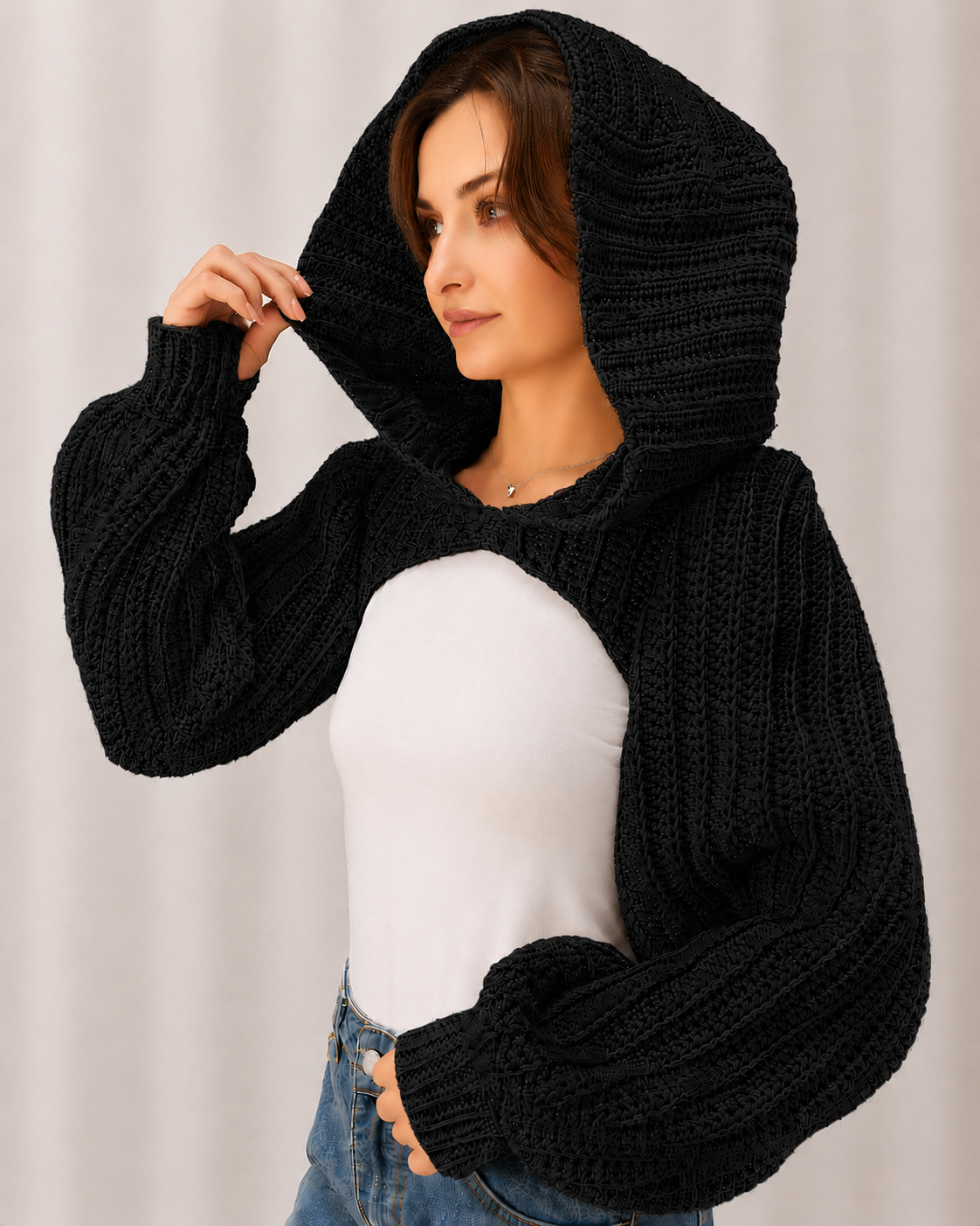 Breezy - Crochet Hoodie Shrug with Balloon Sleeves