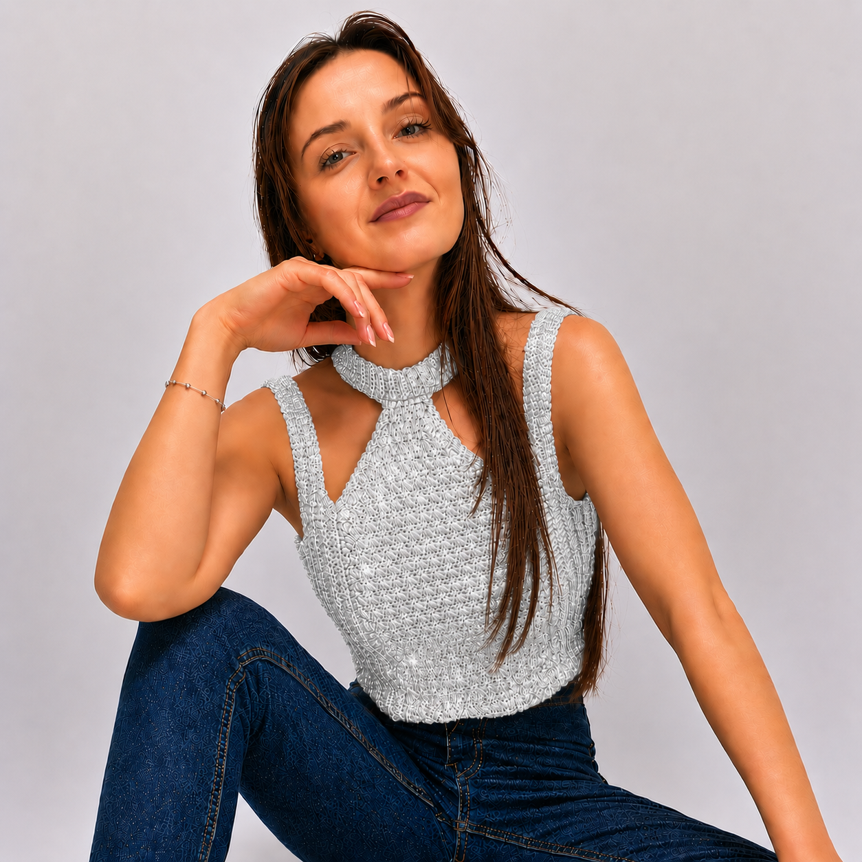 Modern Touch - Crochet Mock Neck Cutout Top