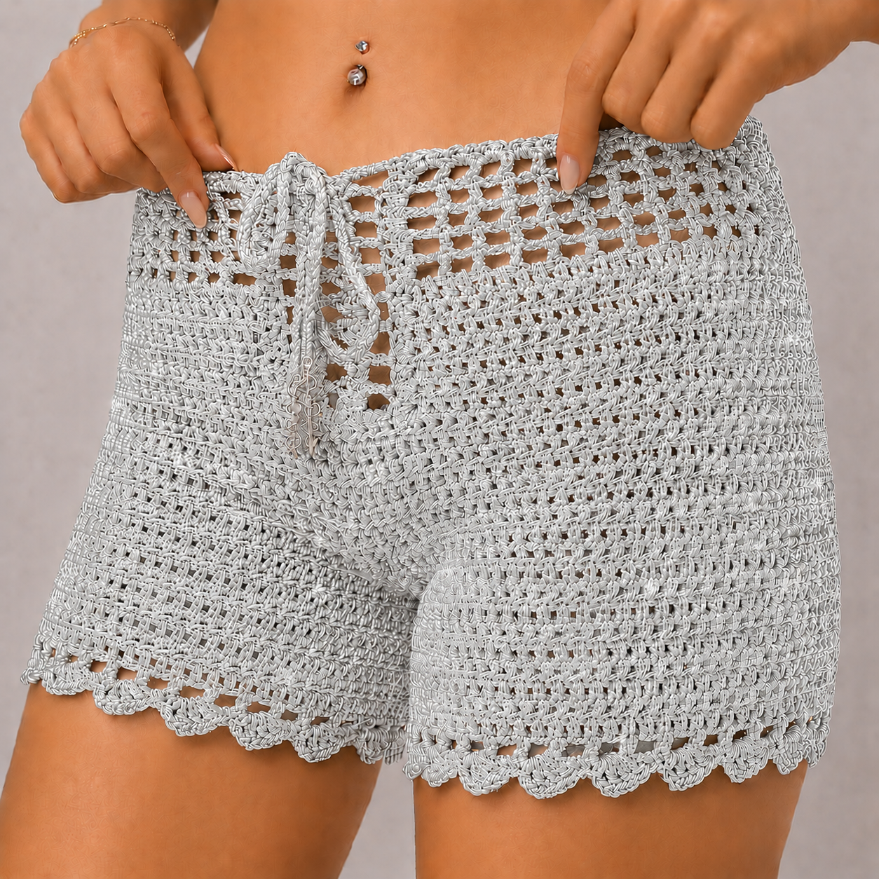 Cloud Nine - High-Waisted Crochet Shorts with Drawstring & Scalloped Hem