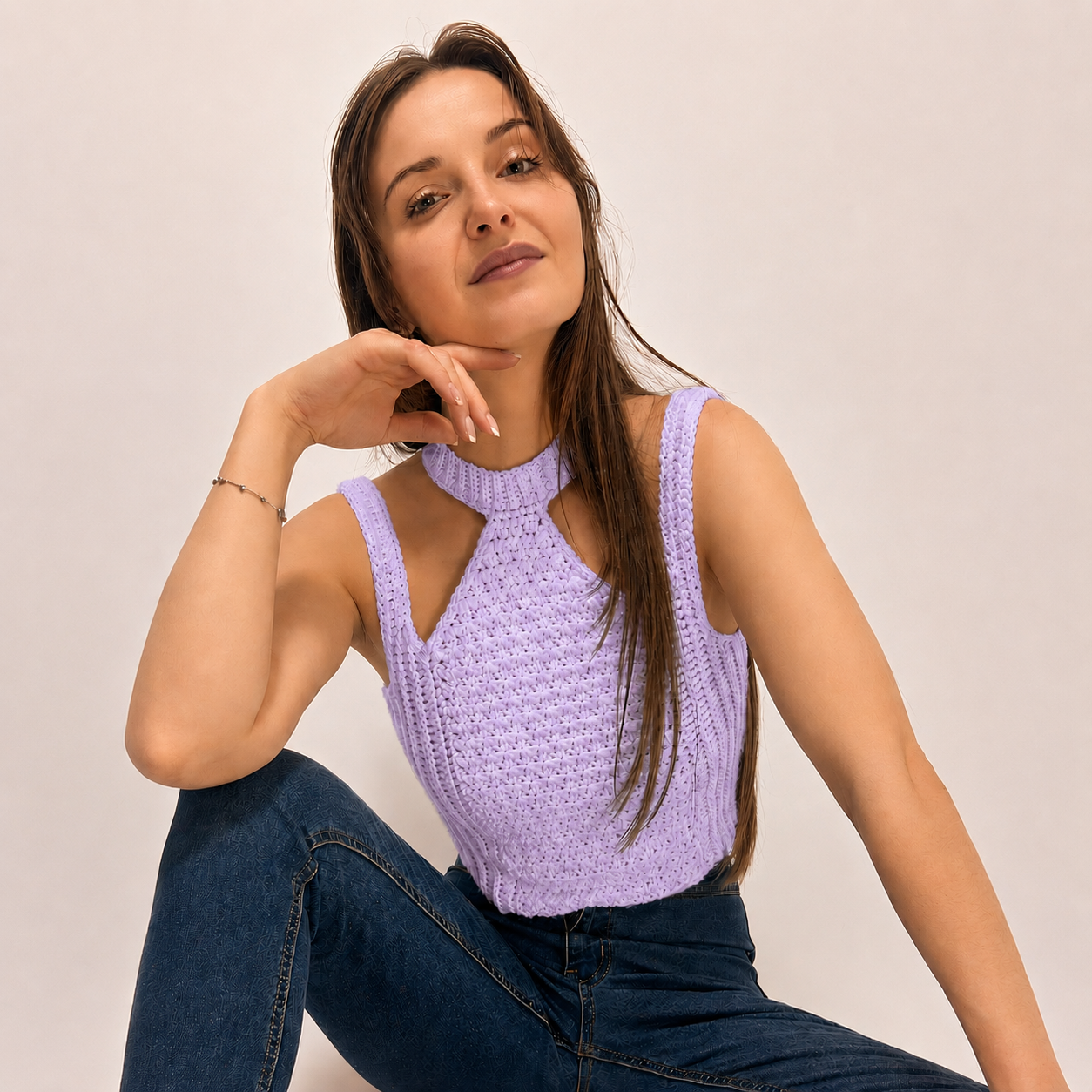Modern Touch - Crochet Mock Neck Cutout Top