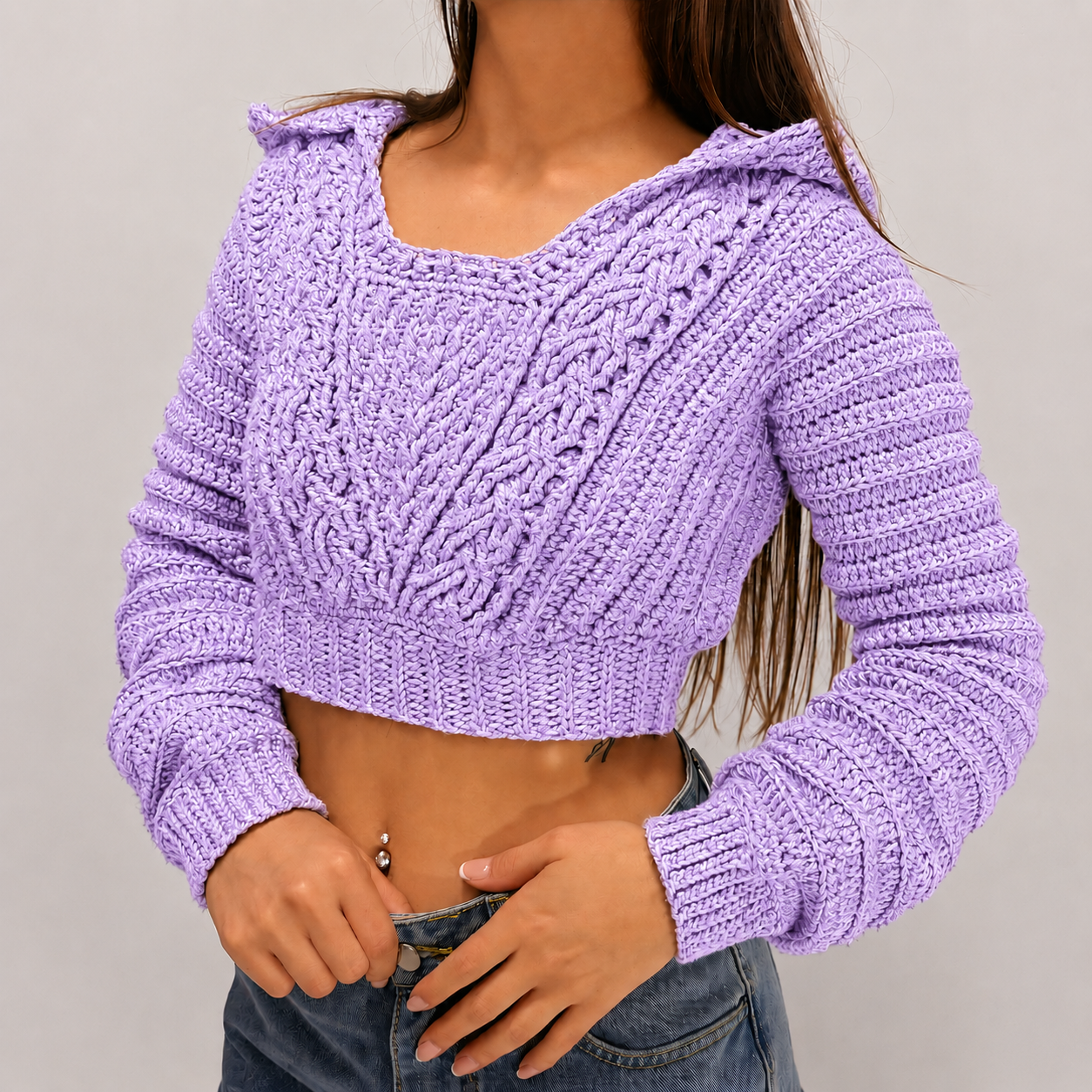 Cozy - Crochet Cable Knit Cropped Hoodie