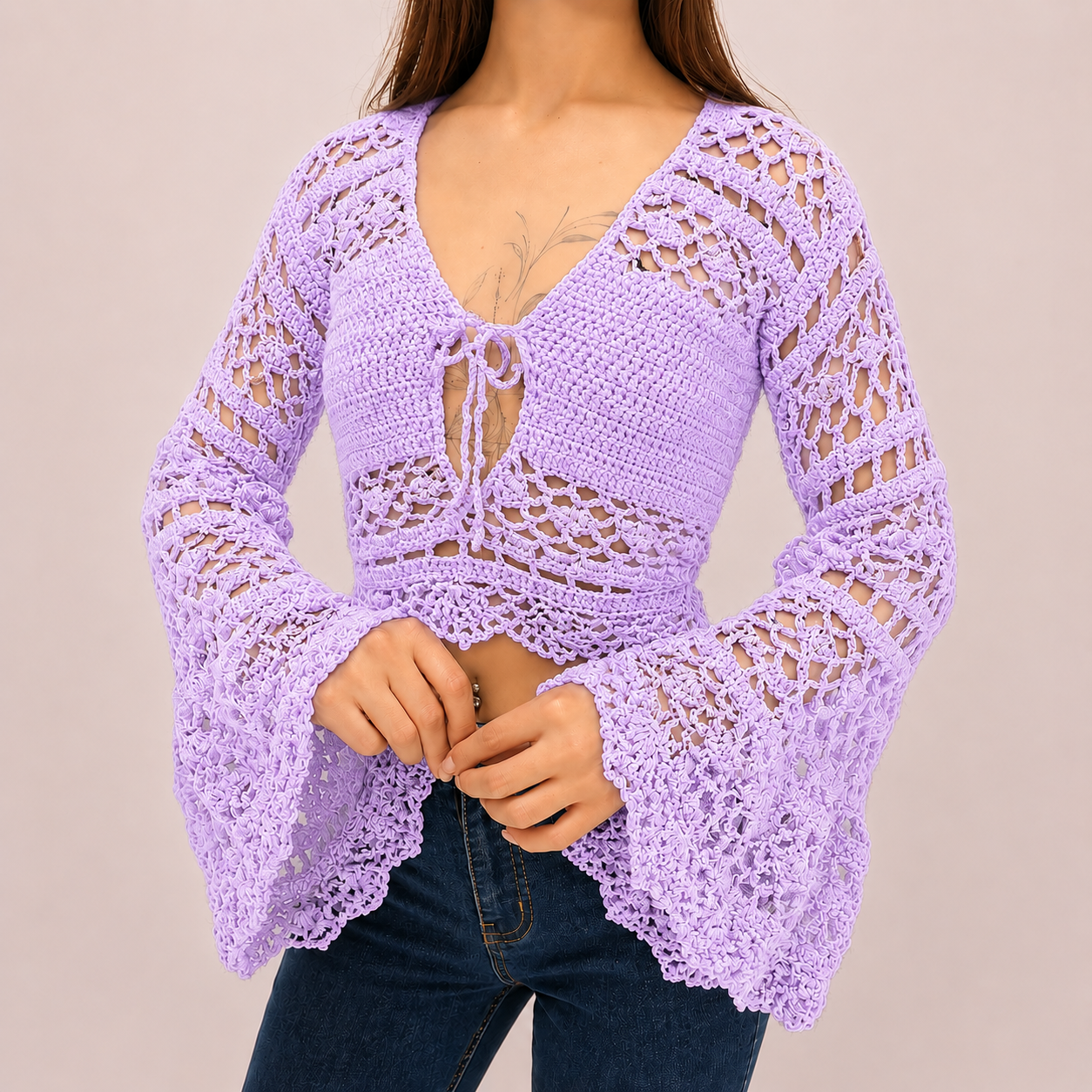 Dark Romance - Boho Lace Hollow-Out Tie-Front Crochet Cardigan
