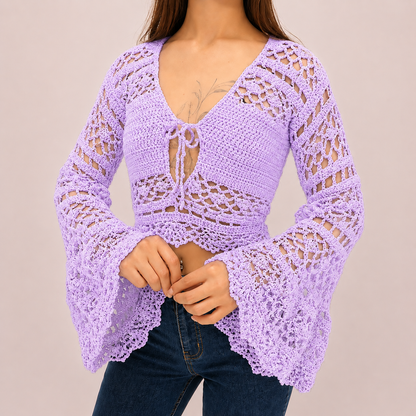 Dark Romance - Boho Lace Hollow-Out Tie-Front Crochet Cardigan