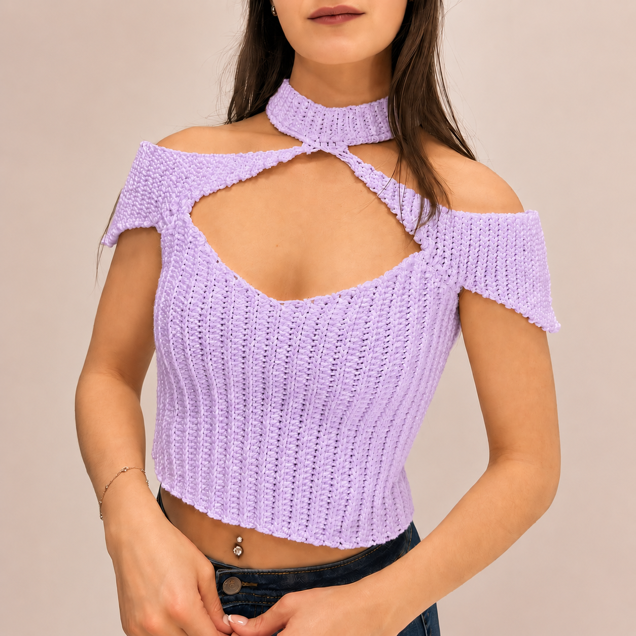 Confidence - Crochet Off-Shoulder Mock Neck Cutout Top