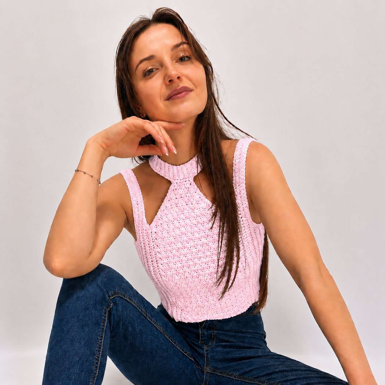 Modern Touch - Crochet Mock Neck Cutout Top