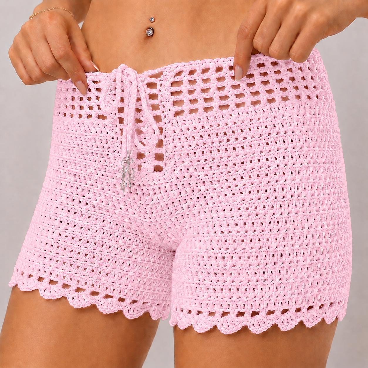Cloud Nine - High-Waisted Crochet Shorts with Drawstring & Scalloped Hem