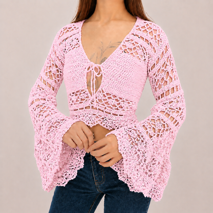 Dark Romance - Boho Lace Hollow-Out Tie-Front Crochet Cardigan
