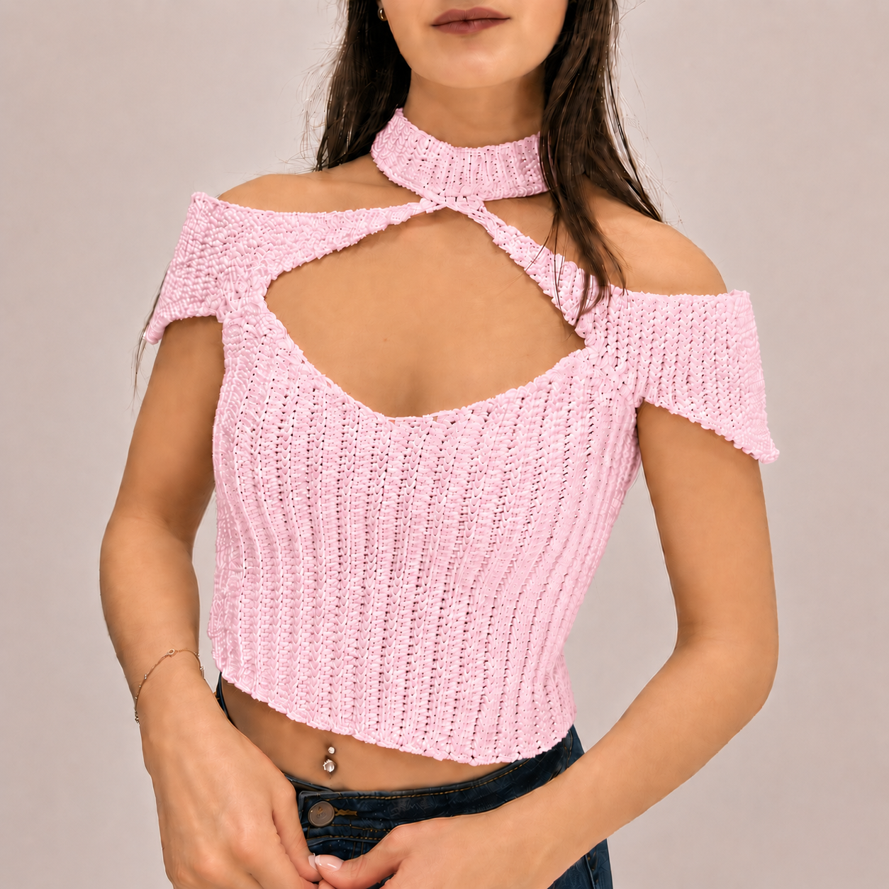 Confidence - Crochet Off-Shoulder Mock Neck Cutout Top