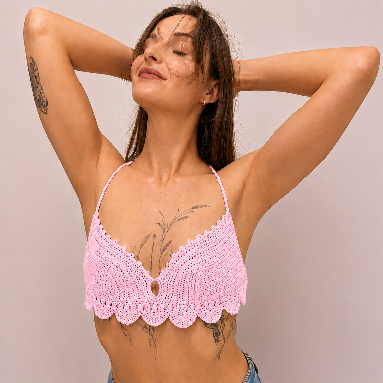 Delicate Elegance - Crochet Longline Scallop Edge Halterneck Bralette