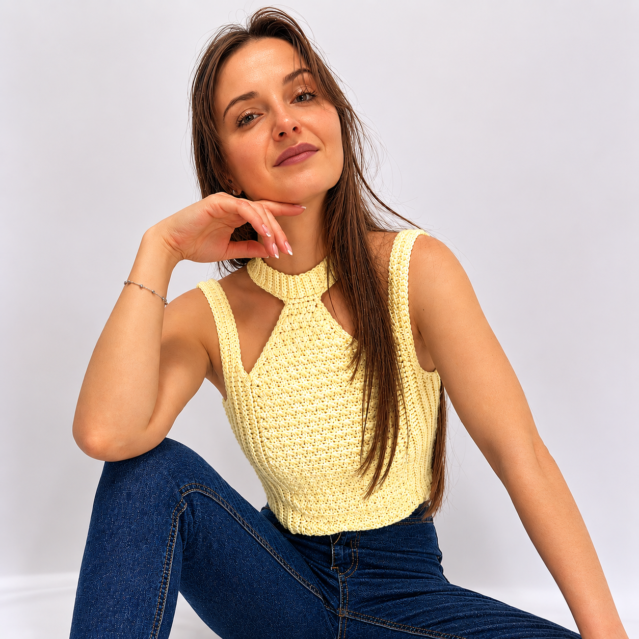 Modern Touch - Crochet Mock Neck Cutout Top