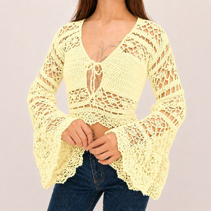 Dark Romance - Boho Lace Hollow-Out Tie-Front Crochet Cardigan