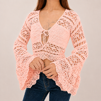 Dark Romance - Boho Lace Hollow-Out Tie-Front Crochet Cardigan