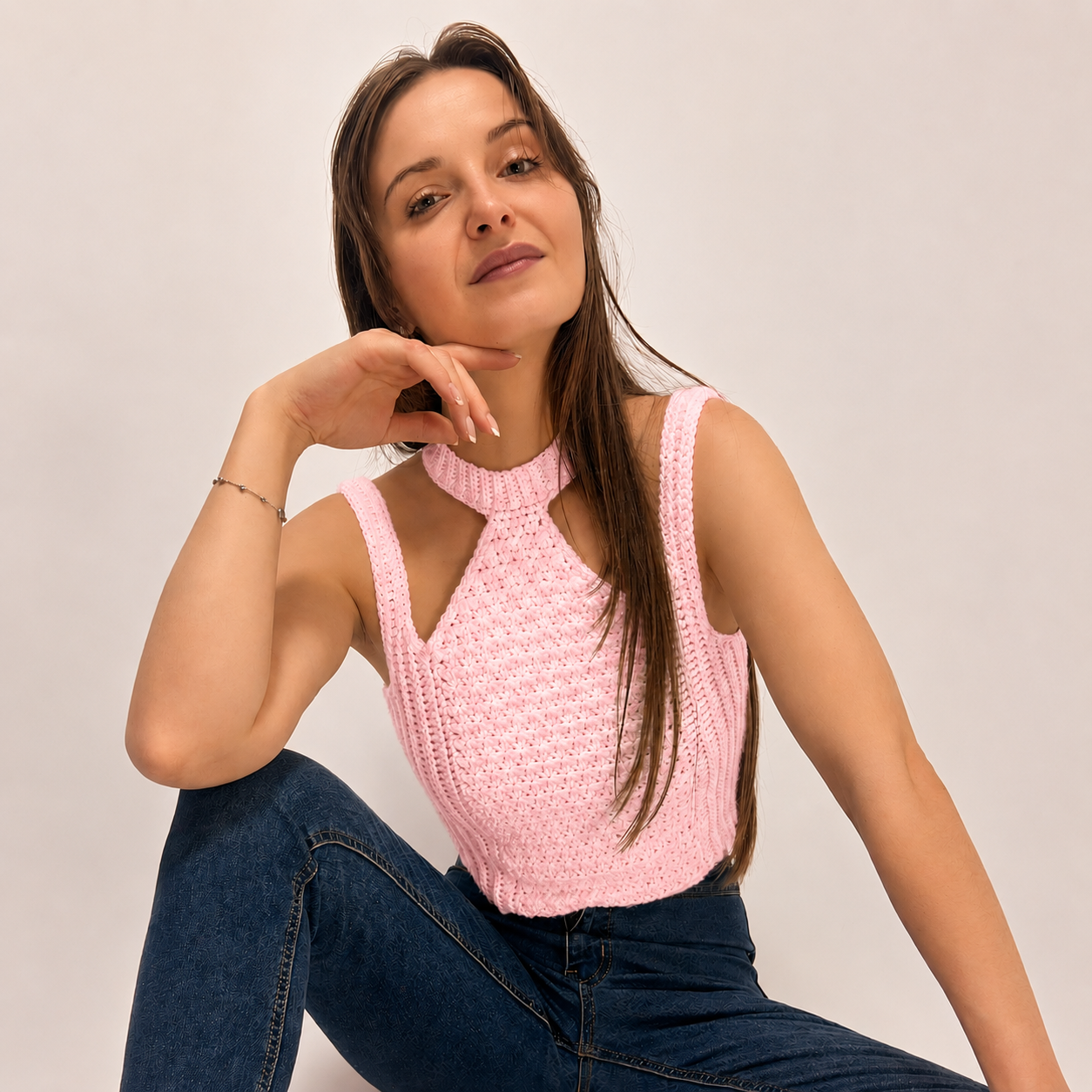 Modern Touch - Crochet Mock Neck Cutout Top