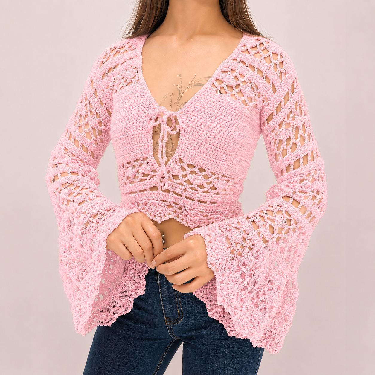 Dark Romance - Boho Lace Hollow-Out Tie-Front Crochet Cardigan