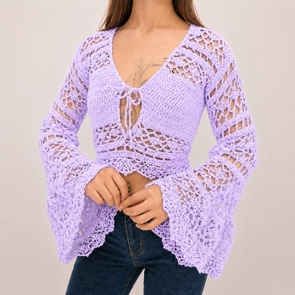 Dark Romance - Boho Lace Hollow-Out Tie-Front Crochet Cardigan