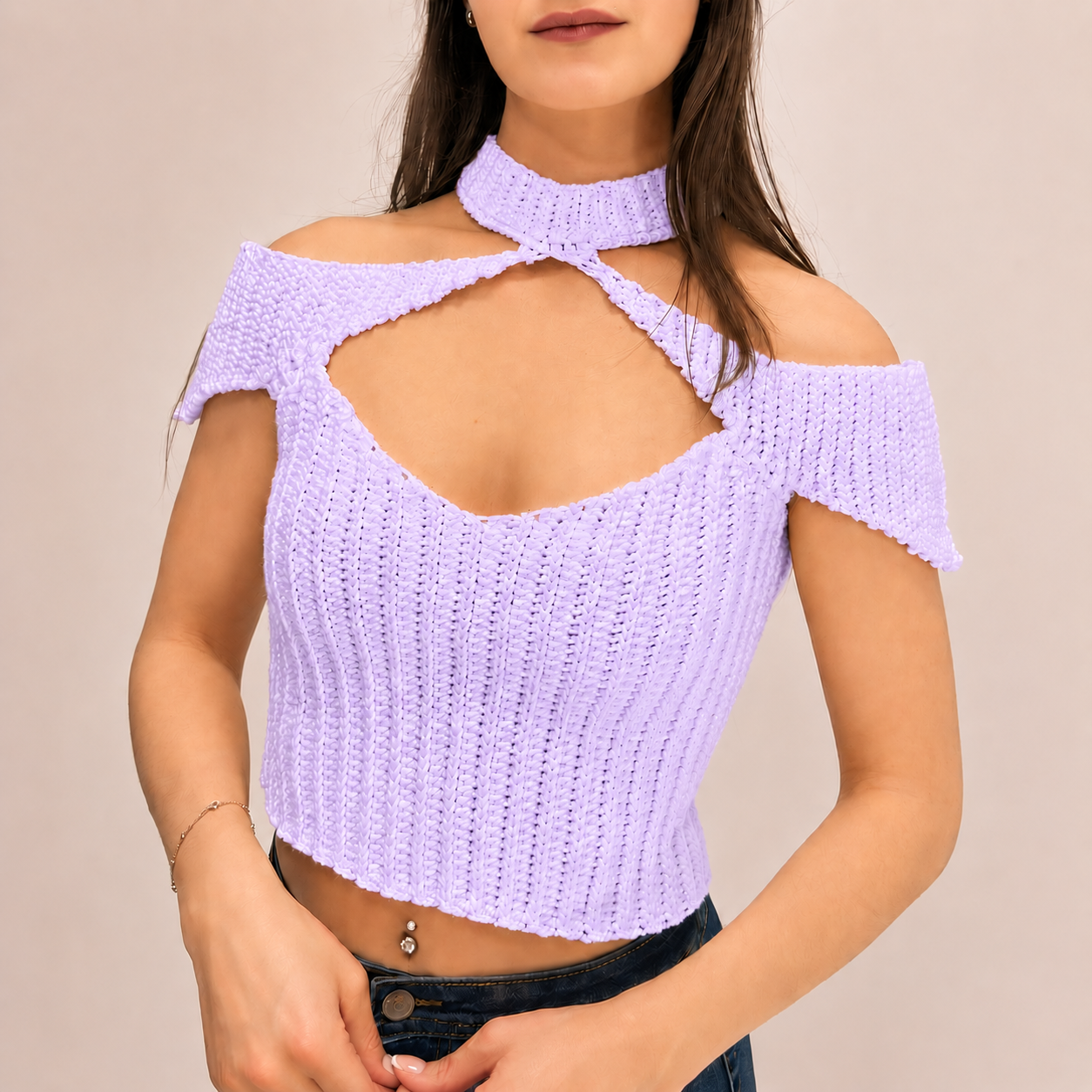 Confidence - Crochet Off-Shoulder Mock Neck Cutout Top